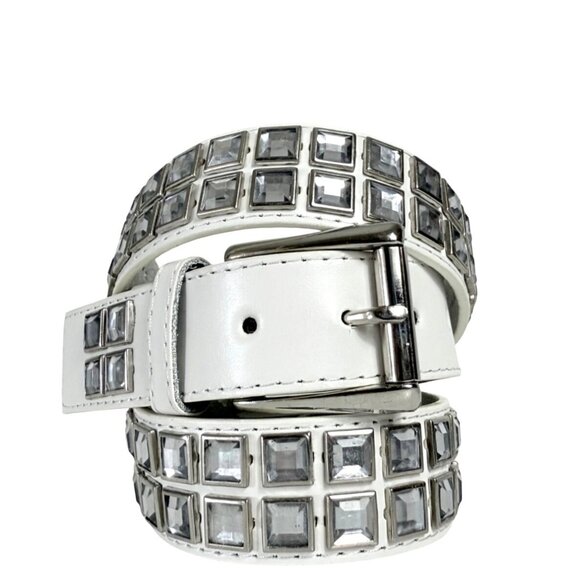 Punk Rock White Rhinestone Belt Size XL Leather Rivet Studs Retro 80s Style - Picture 1 of 13